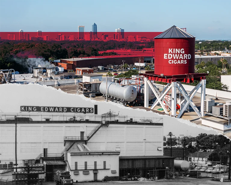 Archive and present day photo of a King Edward Cigars building.